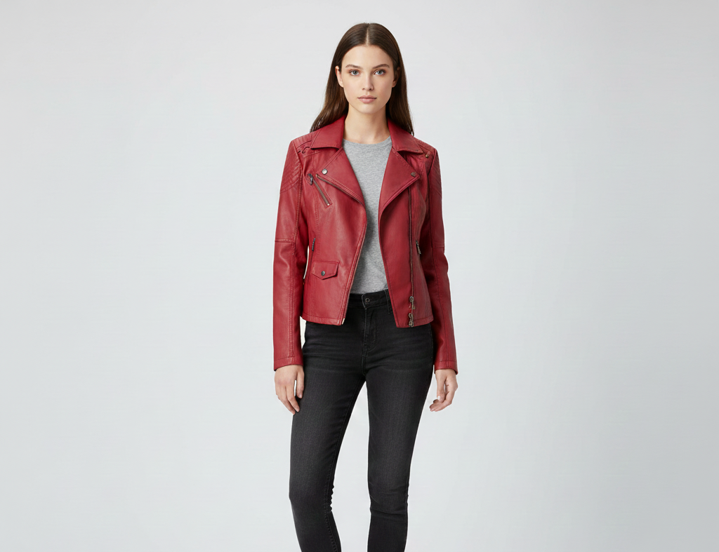 Donna Pelle Biker Jacket con Cerniera Frontale