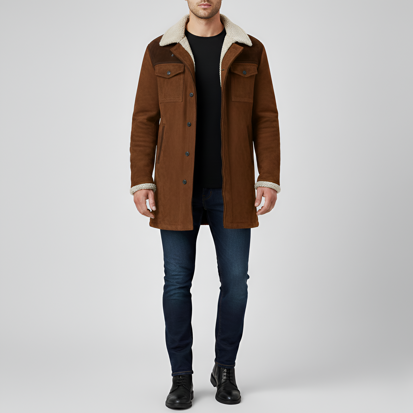 Uomo Pile Jacket con Colletto in Pelliccia e Bottone