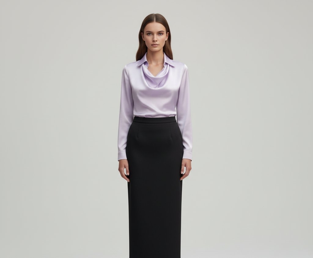 Elegante Satin Donna Blouse Collo Morbido