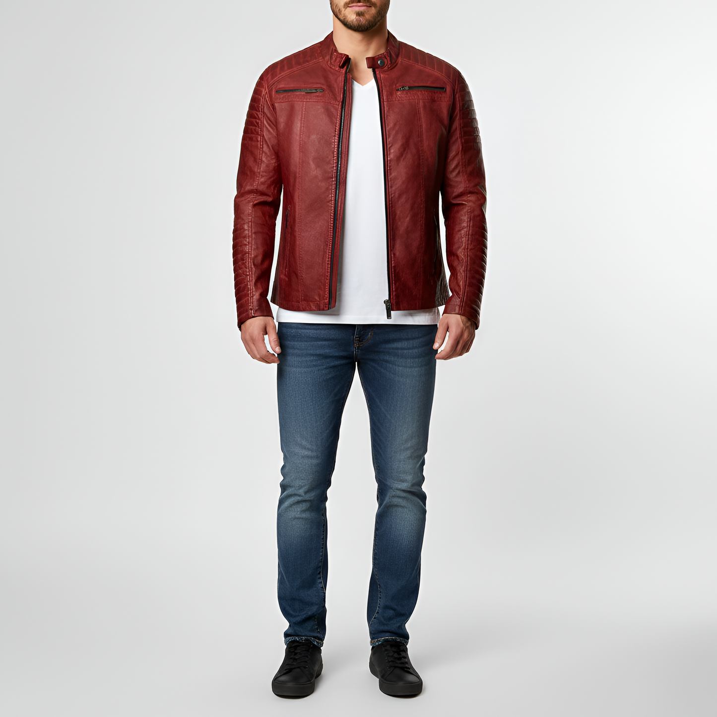 Uomo Pelle Biker Jacket Slim Fit Zip Up