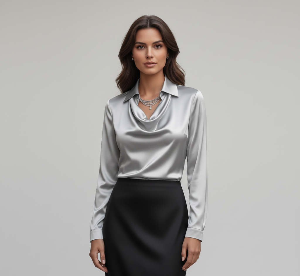 Elegante Satin Donna Blouse Collo Morbido