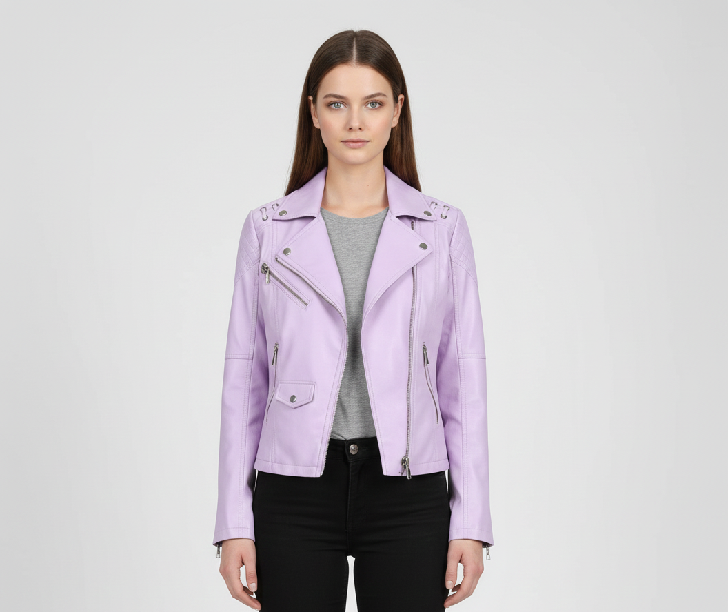 Donna Pelle Biker Jacket con Cerniera Frontale