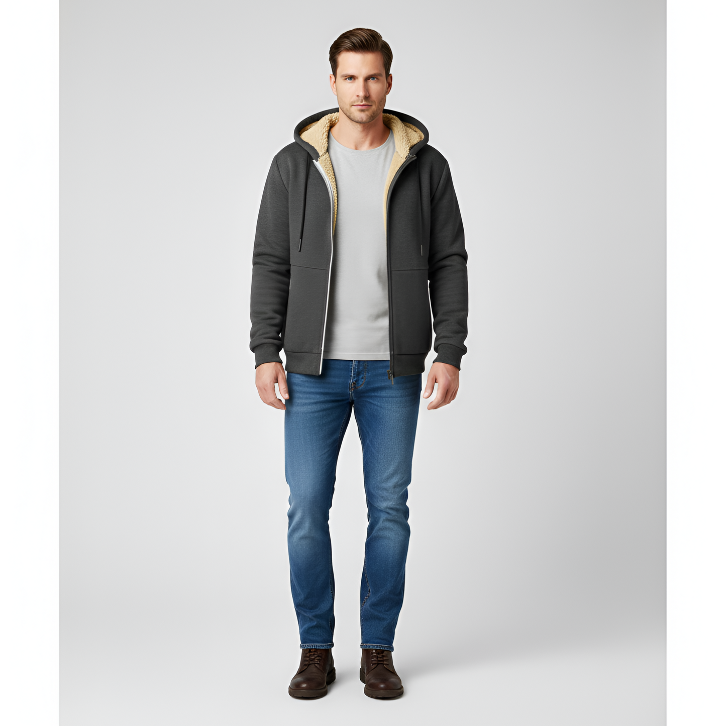 Uomo Felpa Cappuccio Pile Zip Up Jacket