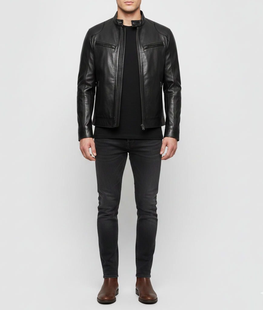 Pelle Uomo Giacca Moto Stile Biker