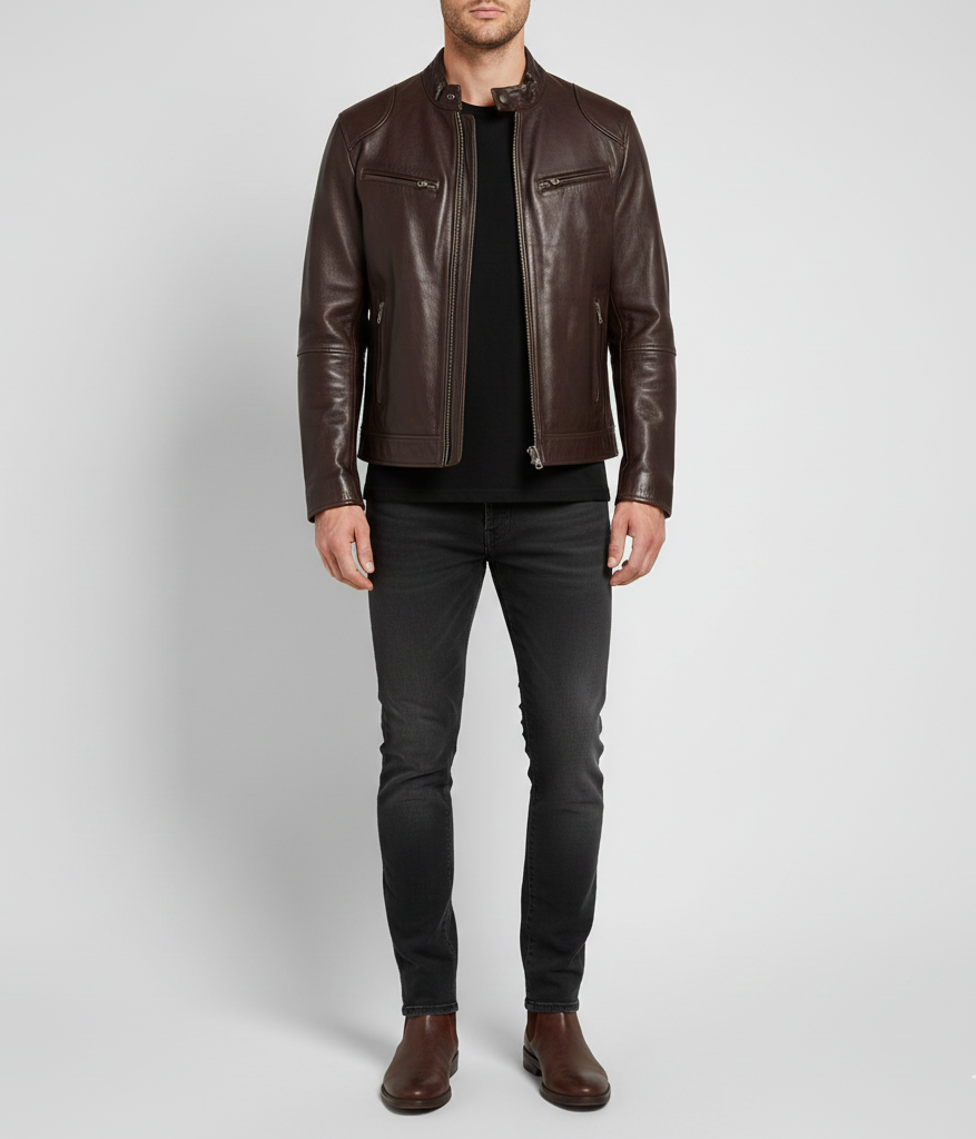 Pelle Uomo Giacca Moto Stile Biker
