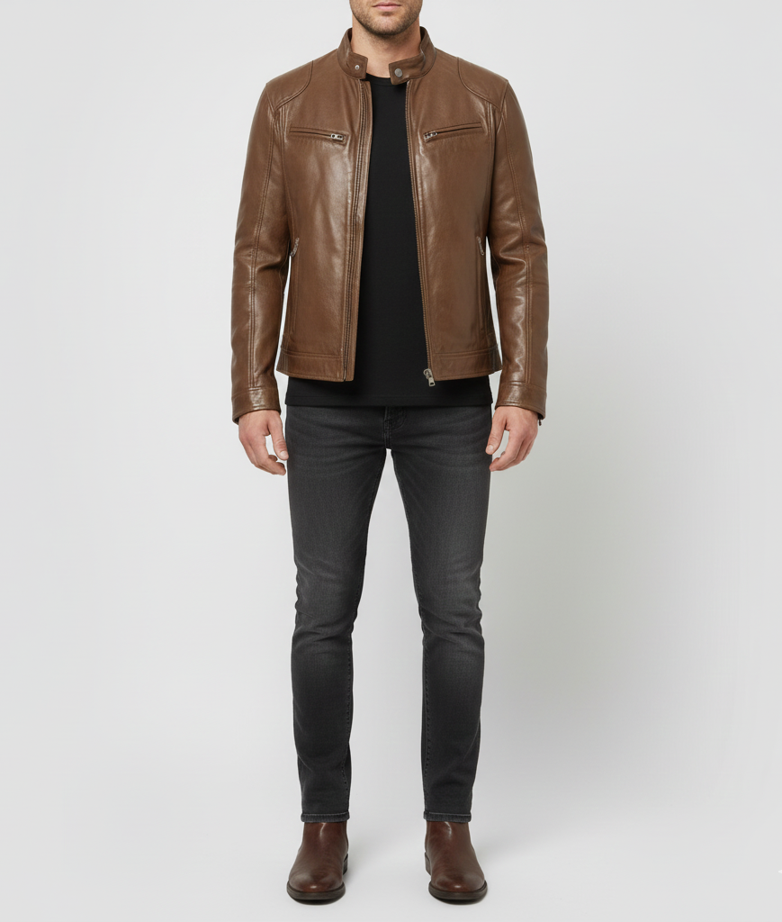 Pelle Uomo Giacca Moto Stile Biker