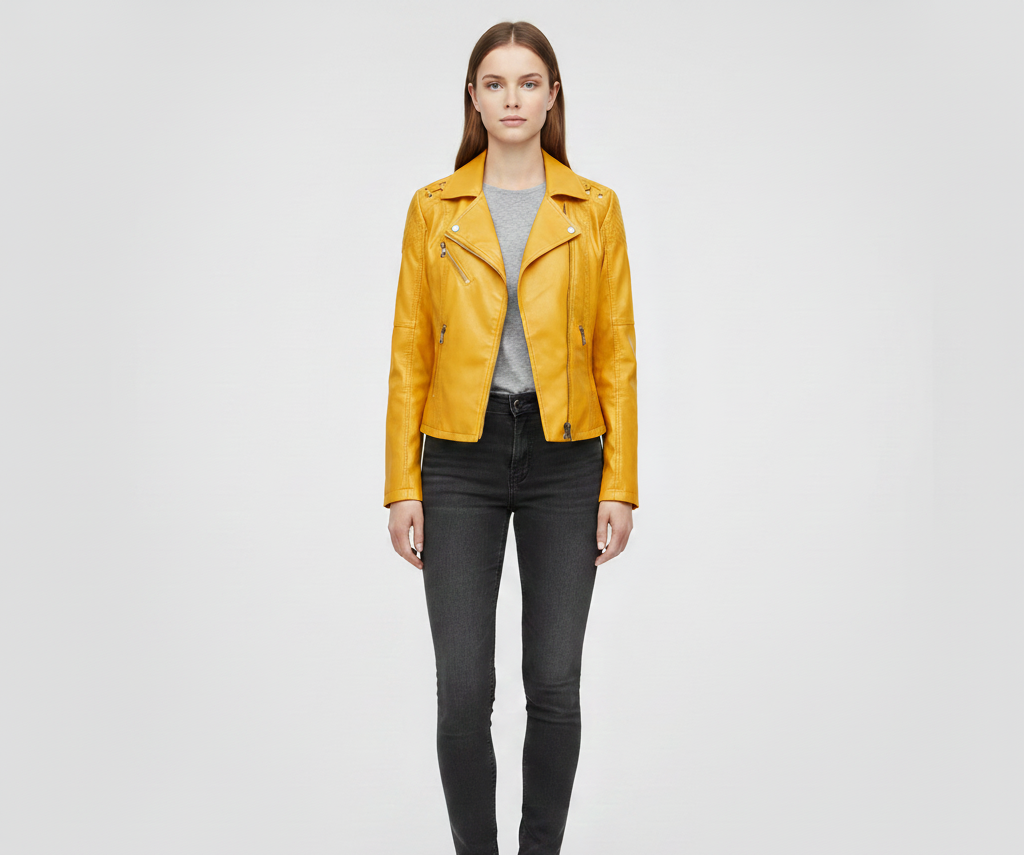 Donna Pelle Biker Jacket con Cerniera Frontale - VogeLuxe