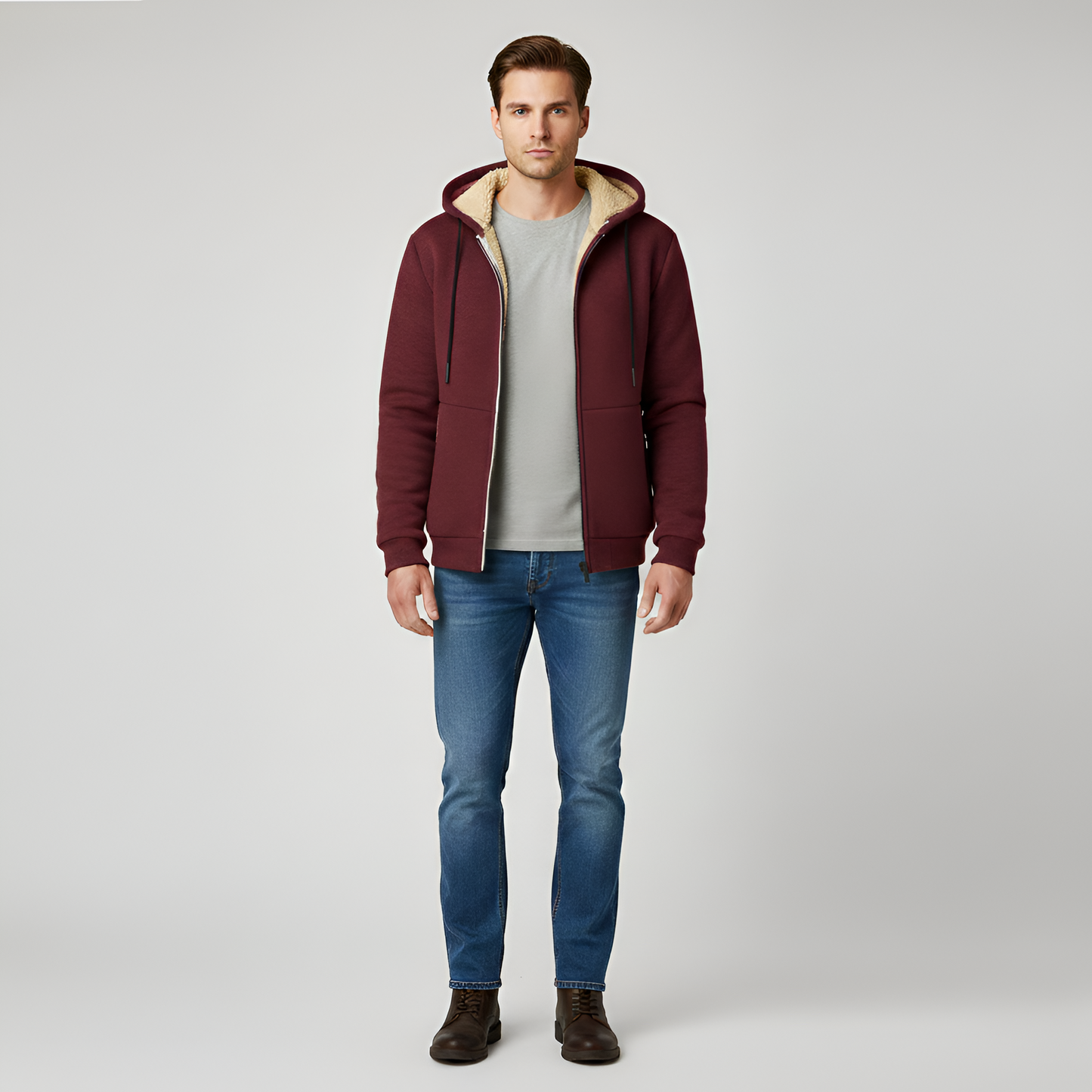 Uomo Felpa Cappuccio Pile Zip Up Jacket