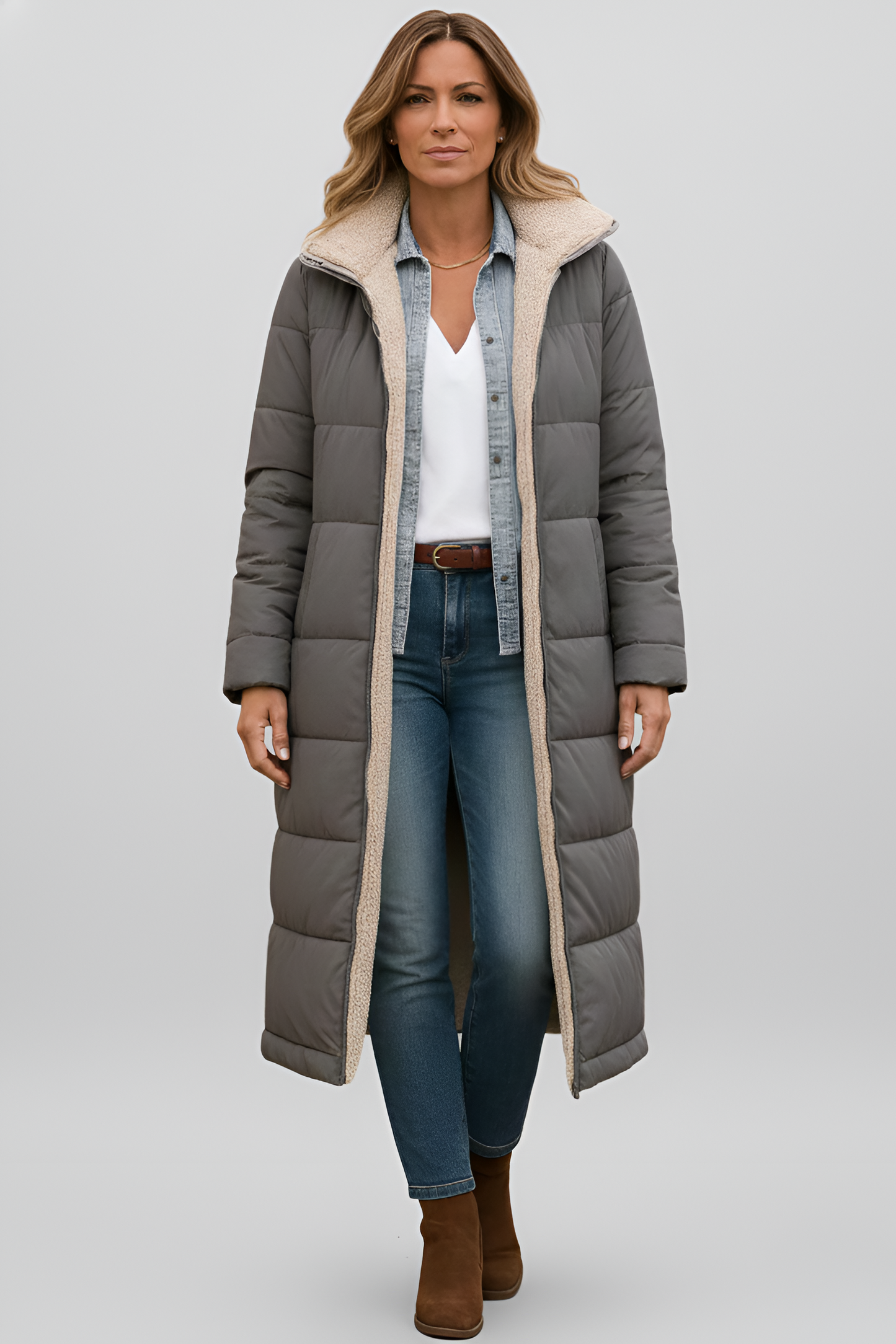 Women's Long Down Coat with Shearling Lining - VogeLuxe
