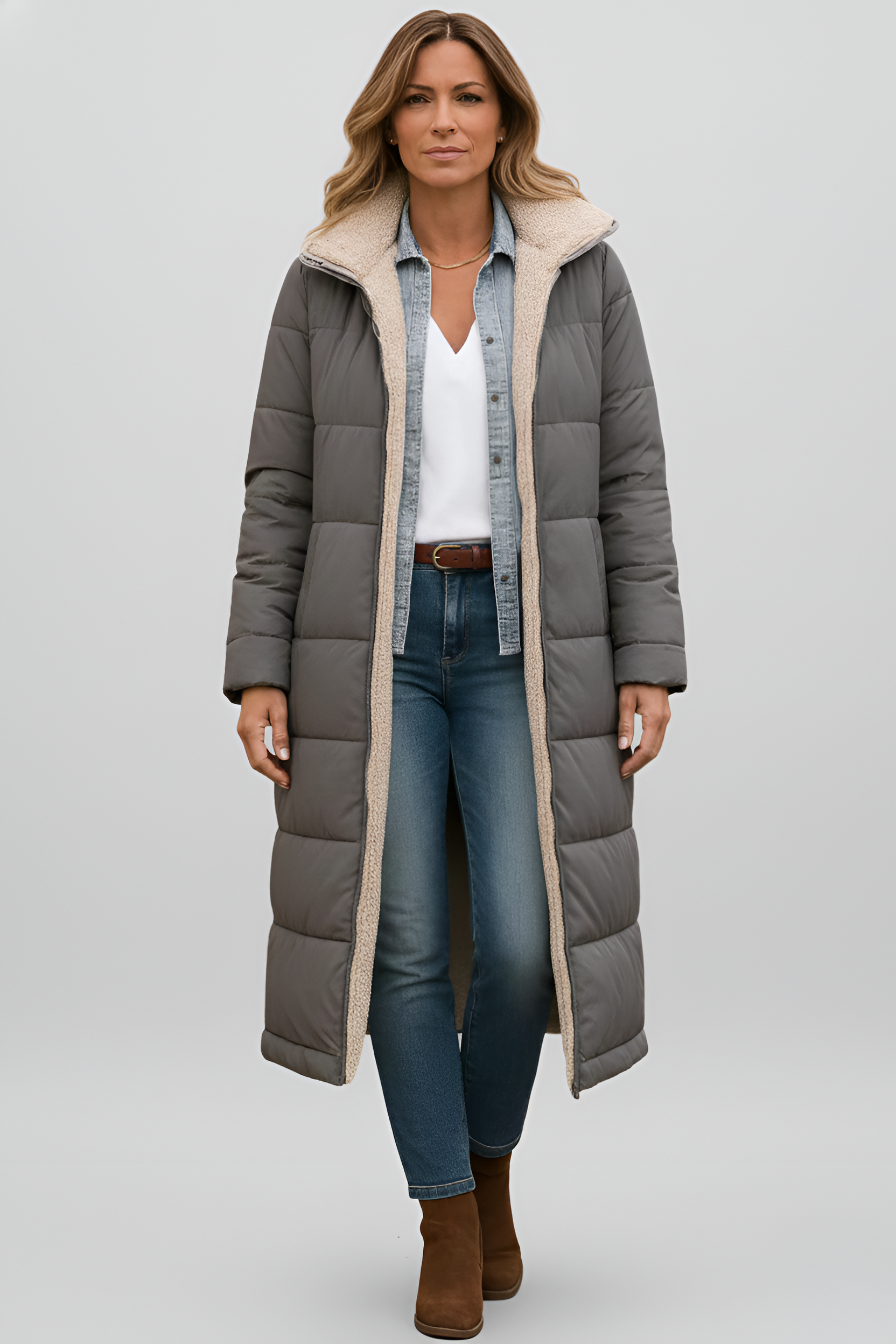 Women's Long Down Coat with Shearling Lining - VogeLuxe