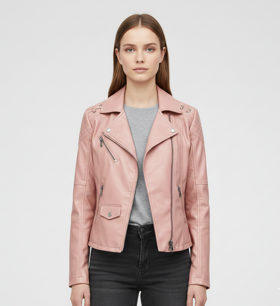 Donna Pelle Biker Jacket con Cerniera Frontale