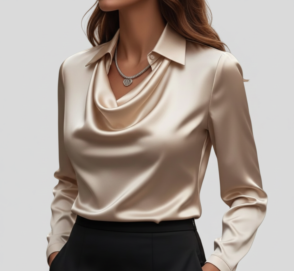Elegante Satin Donna Blouse Collo Morbido
