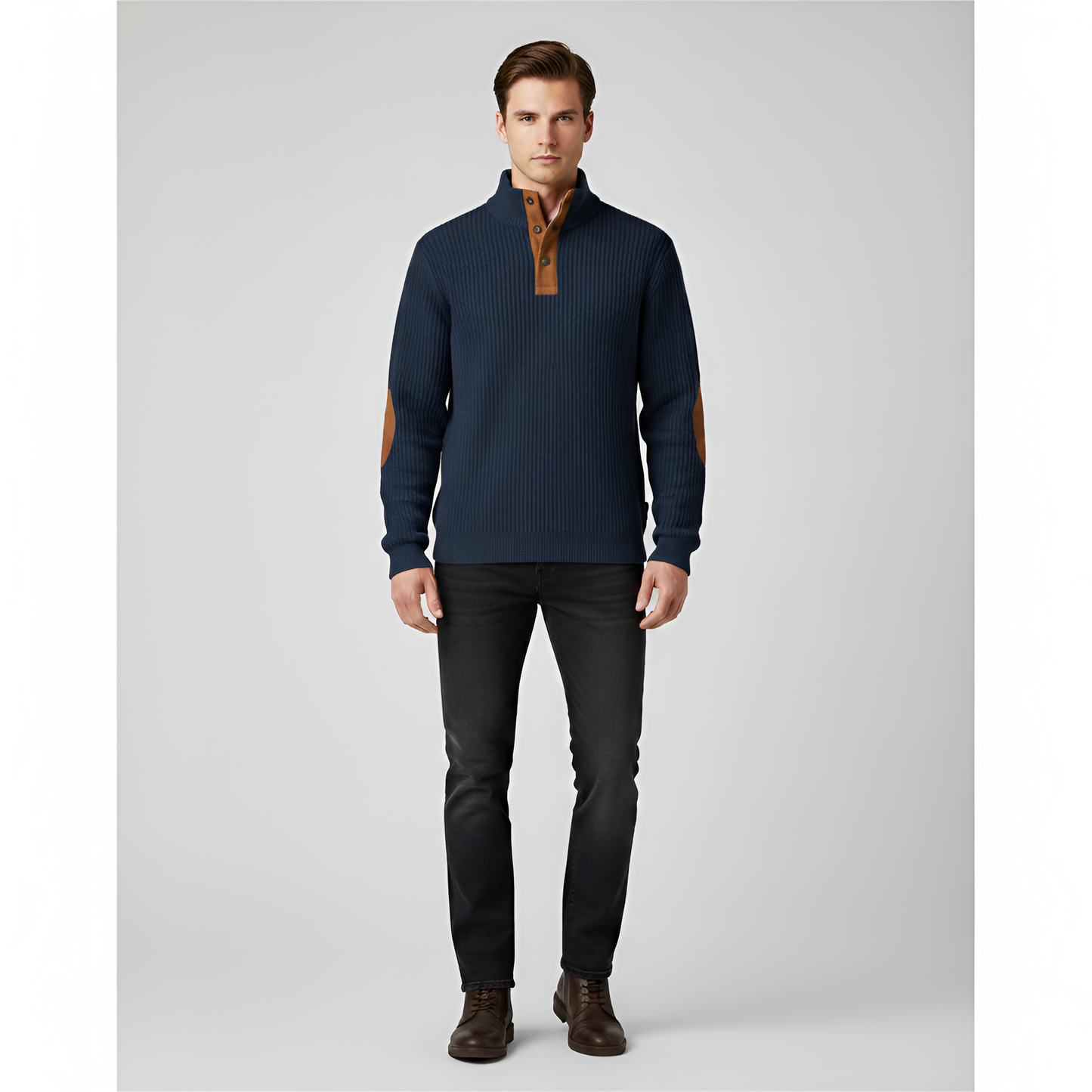Sweater uomo dolcevita a coste con rinforzi ai gomiti