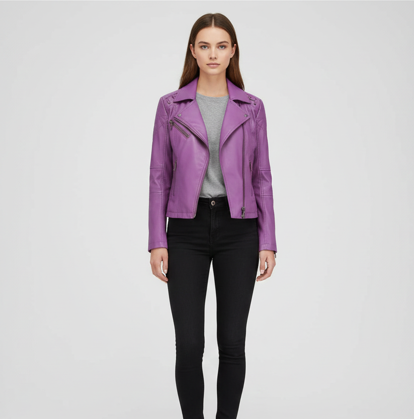 Donna Pelle Biker Jacket con Cerniera Frontale