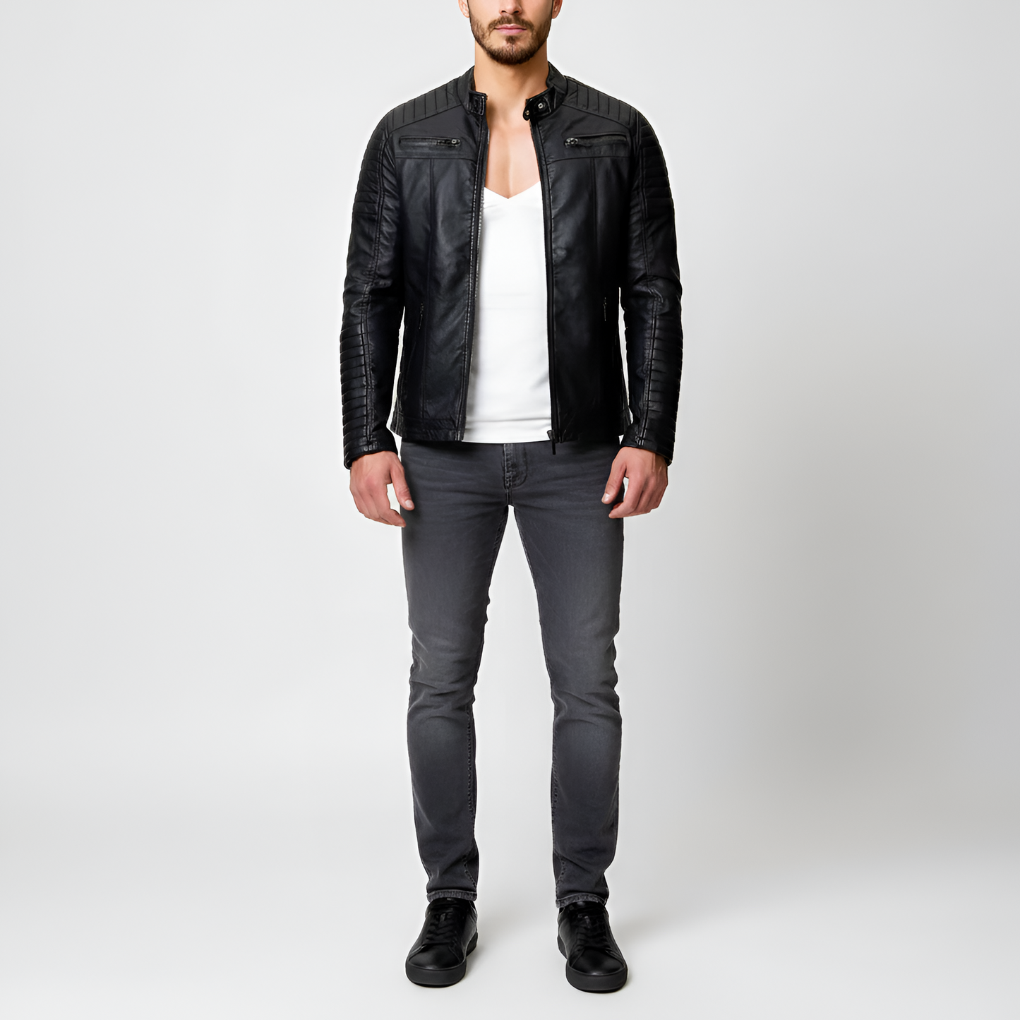 Uomo Pelle Biker Jacket Slim Fit Zip Up