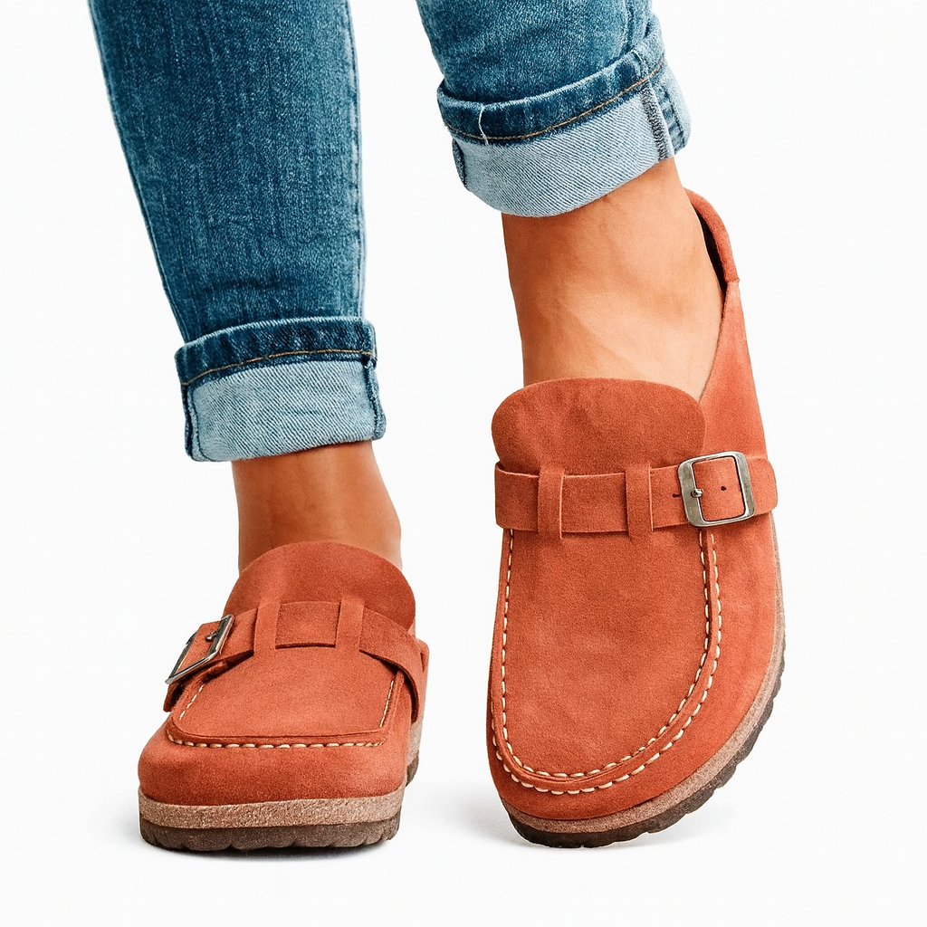 VogeLuxe | Women’s Closed Toe Suede Look Mule with Buckle and Cork Footbed