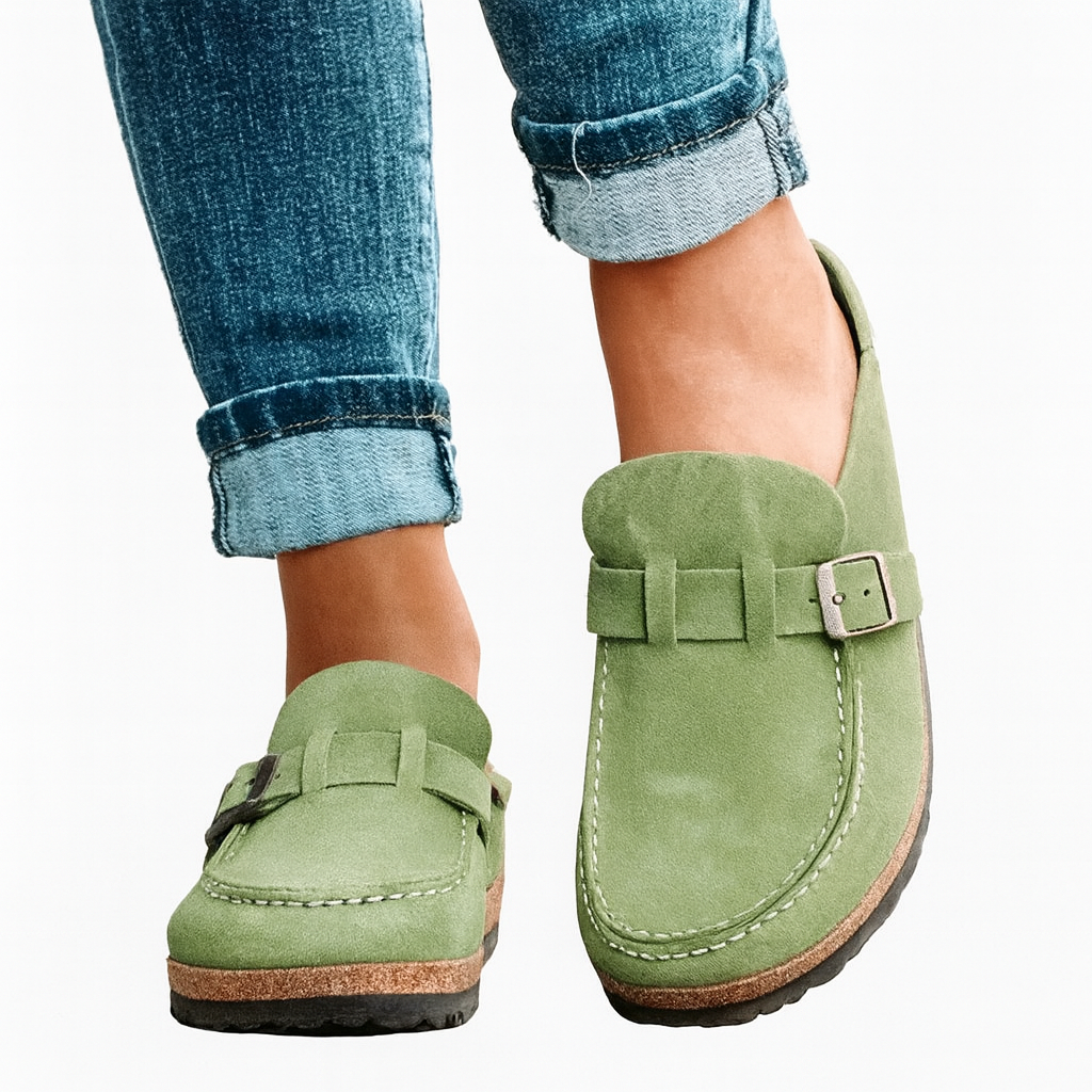 VogeLuxe | Women’s Closed Toe Suede Look Mule with Buckle and Cork Footbed