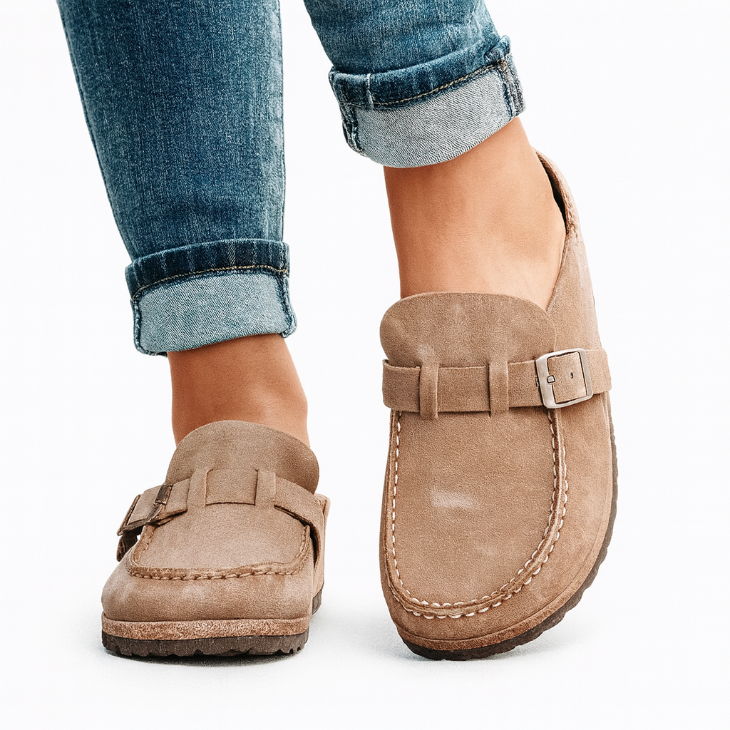 VogeLuxe | Women’s Closed Toe Suede Look Mule with Buckle and Cork Footbed