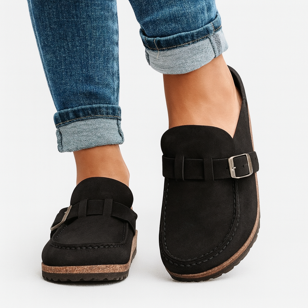 VogeLuxe | Women’s Closed Toe Suede Look Mule with Buckle and Cork Footbed