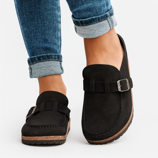 VogeLuxe | Women’s Closed Toe Suede Look Mule with Buckle and Cork Footbed