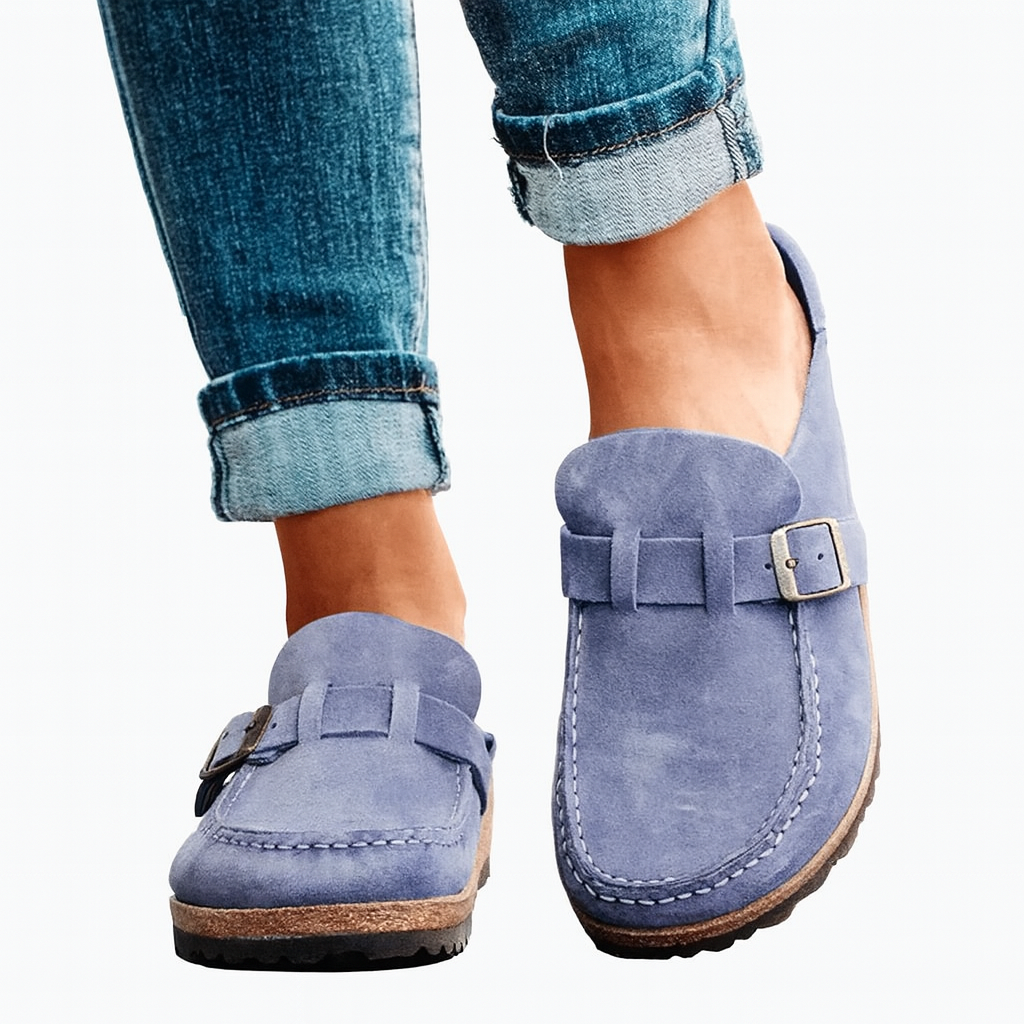 VogeLuxe | Women’s Closed Toe Suede Look Mule with Buckle and Cork Footbed