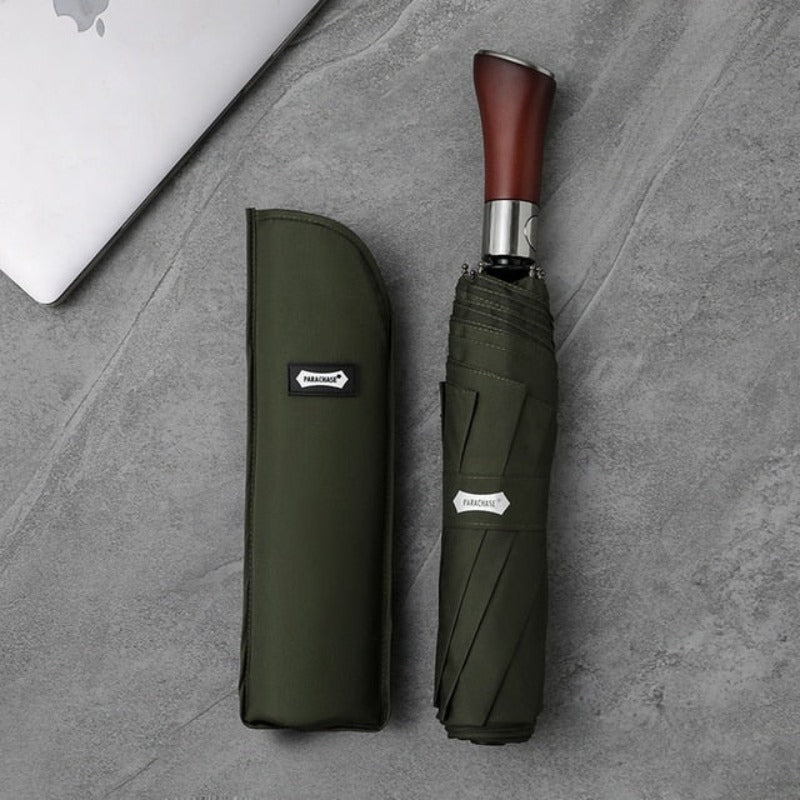 Compact Windproof Umbrella With Wooden Grip Handle