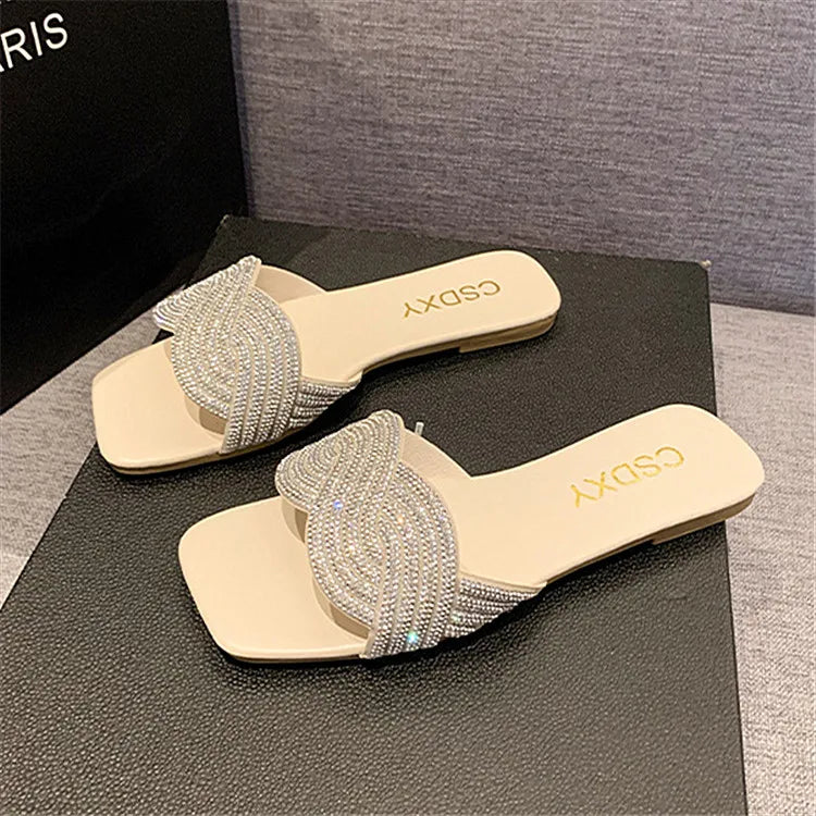 Sparkly Women's Flat Glitter Sandals – Large Size Comfort Slides - VogeLuxe
