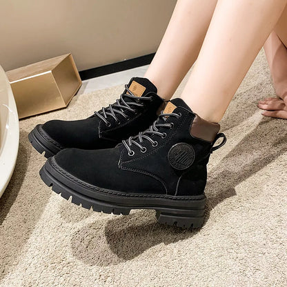 Trendy Black White Ankle Boots with Thick Heel