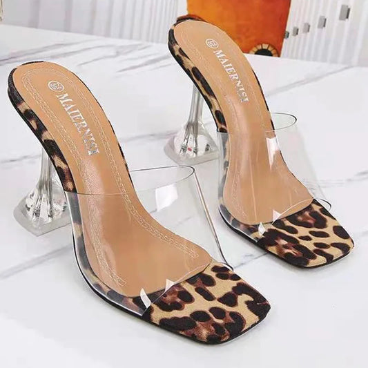 Sassy Leopard High Heel Sandals with Clear Straps - VogeLuxe