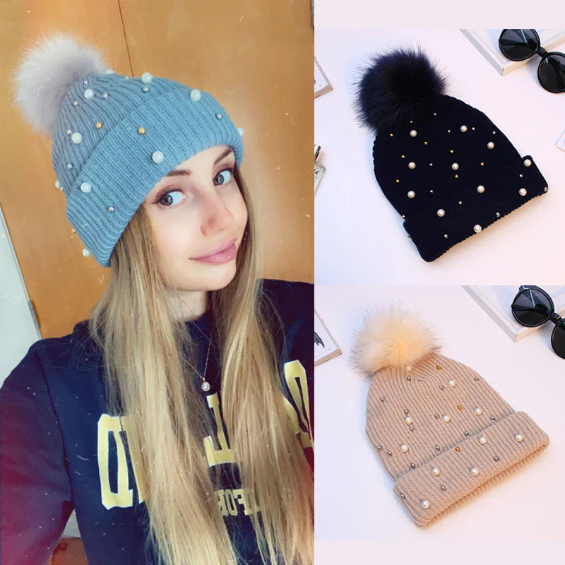 Sparkly Stone Pom Pom Winter Hat - VogeLuxe