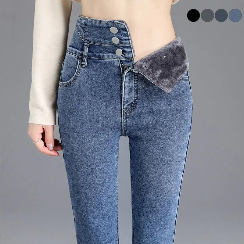 Soft High Waist Women's Comfort Jeans with Velvet Inside