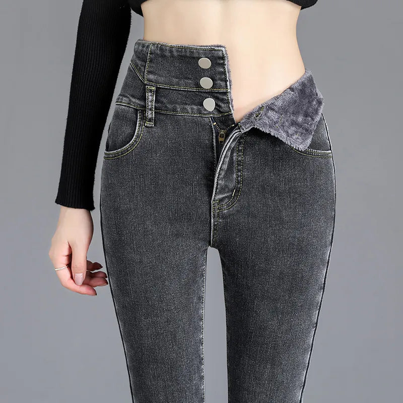 Soft High Waist Women's Comfort Jeans with Velvet Inside