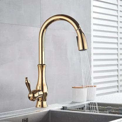 Shine Gold Kitchen Faucet With Pull Out Spray - BritishElegance