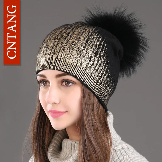 Warm Women's Cable Knit Beanie with Faux Fur Ball - VogeLuxe