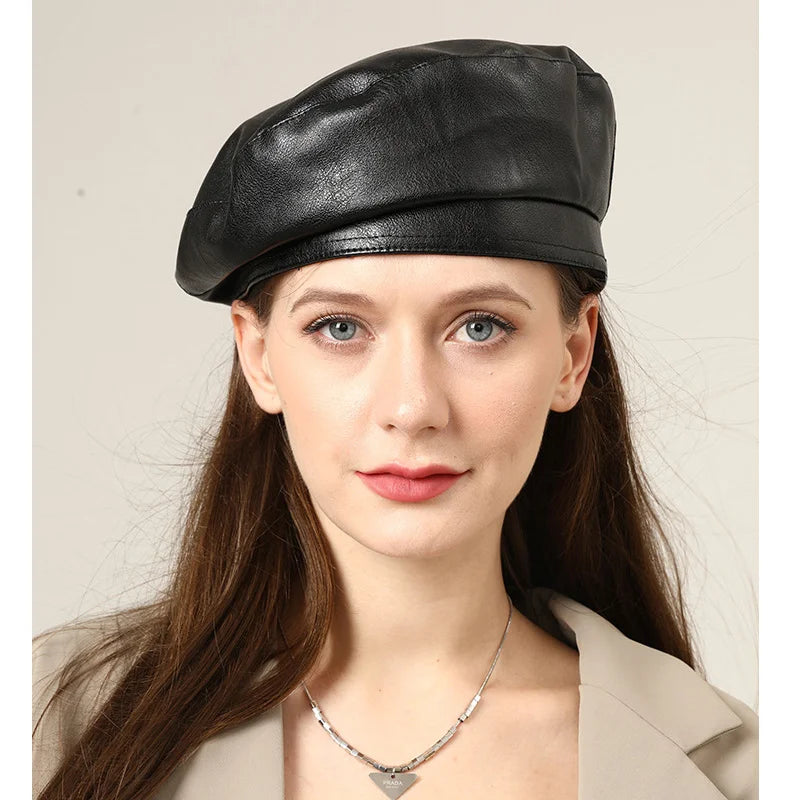 Fashionable Faux Leather Beret Hat - VogeLuxe