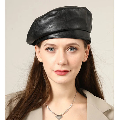 Fashionable Faux Leather Beret Hat - VogeLuxe