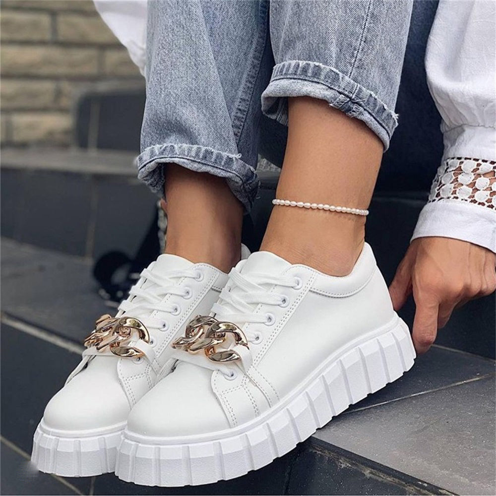 Chic Ladies Lace-Up Sneakers with Metallic Detail - VogeLuxe