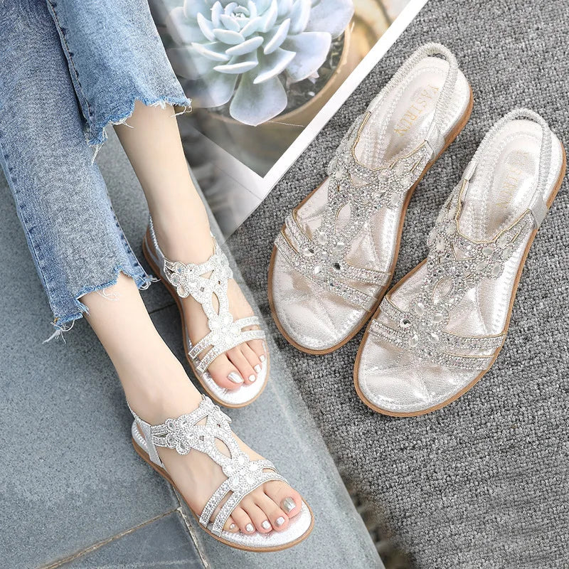 Sparkly Gems Flat Sandals – Chic Summer Toe Strap for Women - VogeLuxe