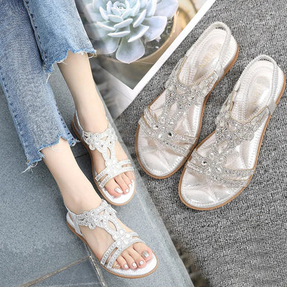 Sparkly Gems Flat Sandals – Chic Summer Toe Strap for Women - VogeLuxe