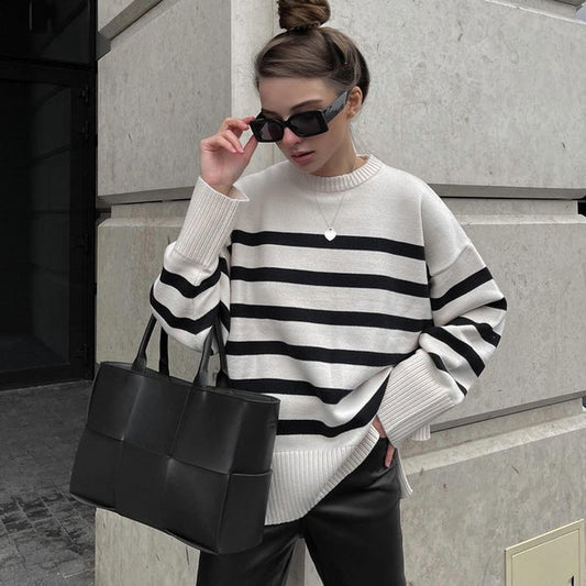 Classic Ladies Cream Striped Jumper - VogeLuxe