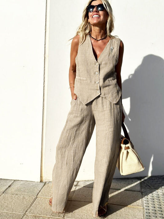 Women's Classic Linen Suit Set in Beige - VogeLuxe