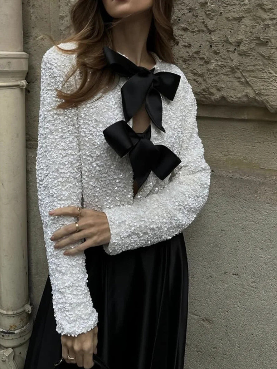 Glittering Short Jacket for Women with Tie Waist