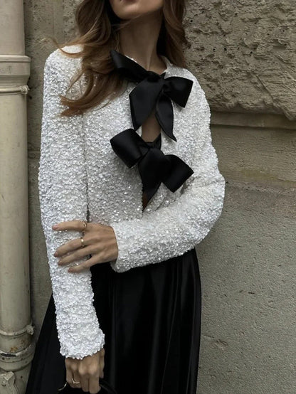 Glittering Short Jacket for Women with Tie Waist
