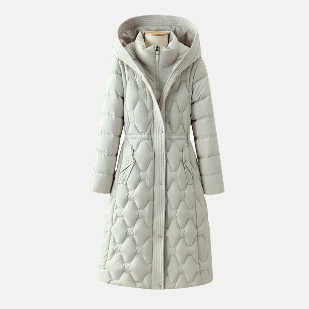 Isla Quilted Long Coat | Hooded Belted Snap Coat 0