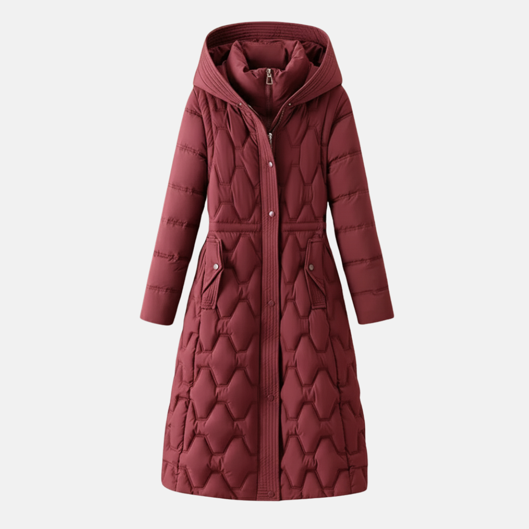 Isla Quilted Long Coat | Hooded Belted Snap Coat 1