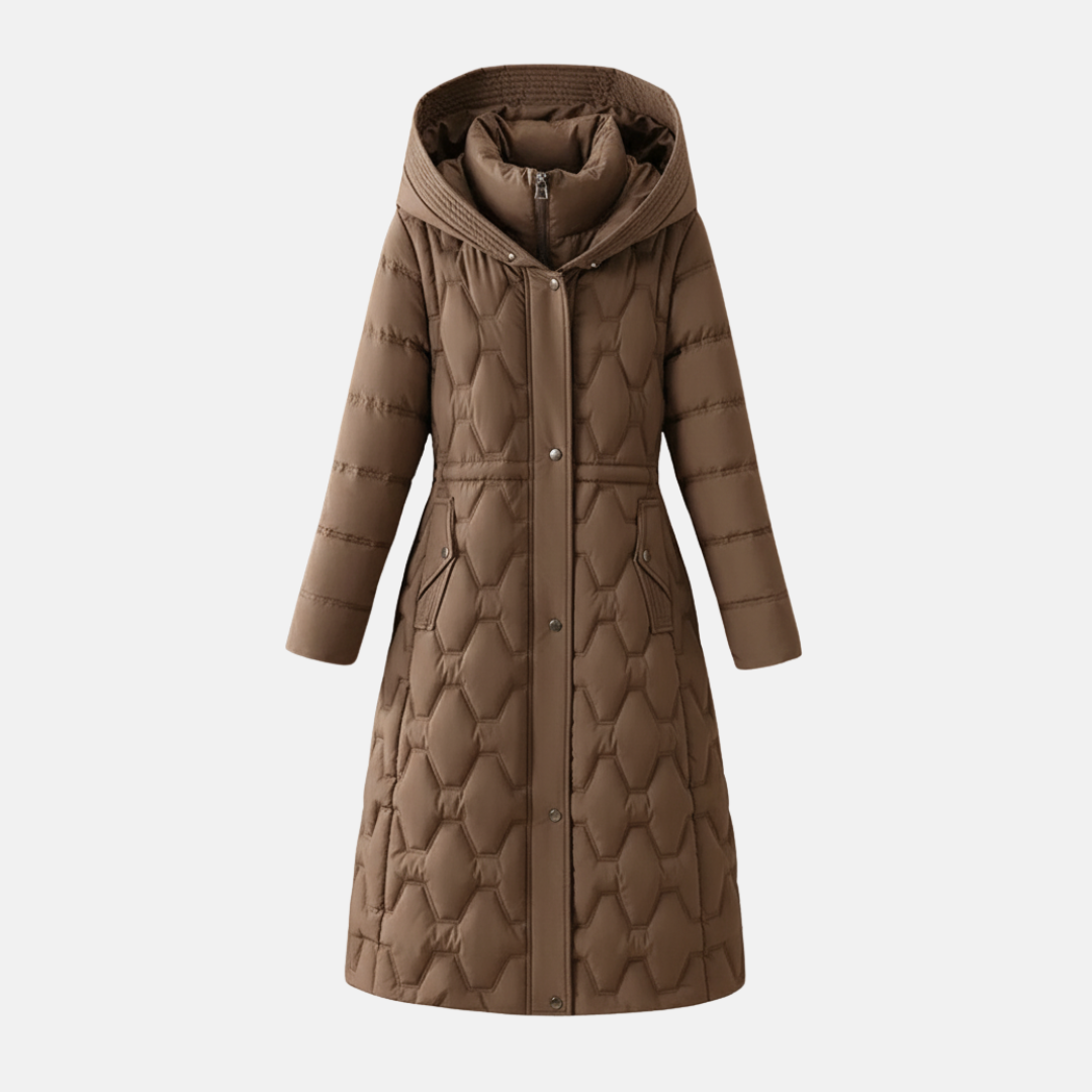 Isla Quilted Long Coat | Hooded Belted Snap Coat 2