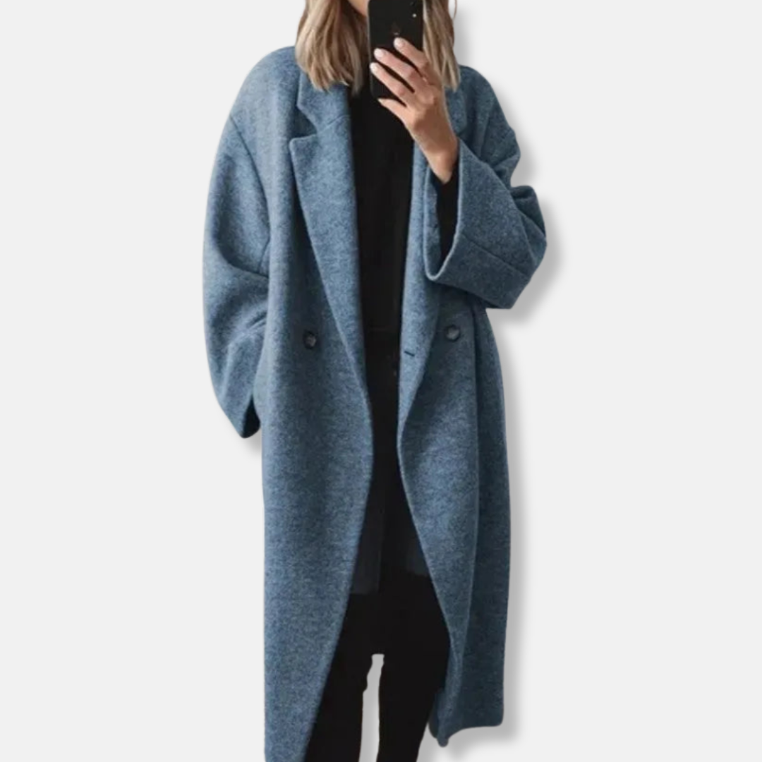 Isla Relaxed Fit Long Coat | Double-Breasted Notch Lapel Coat 1