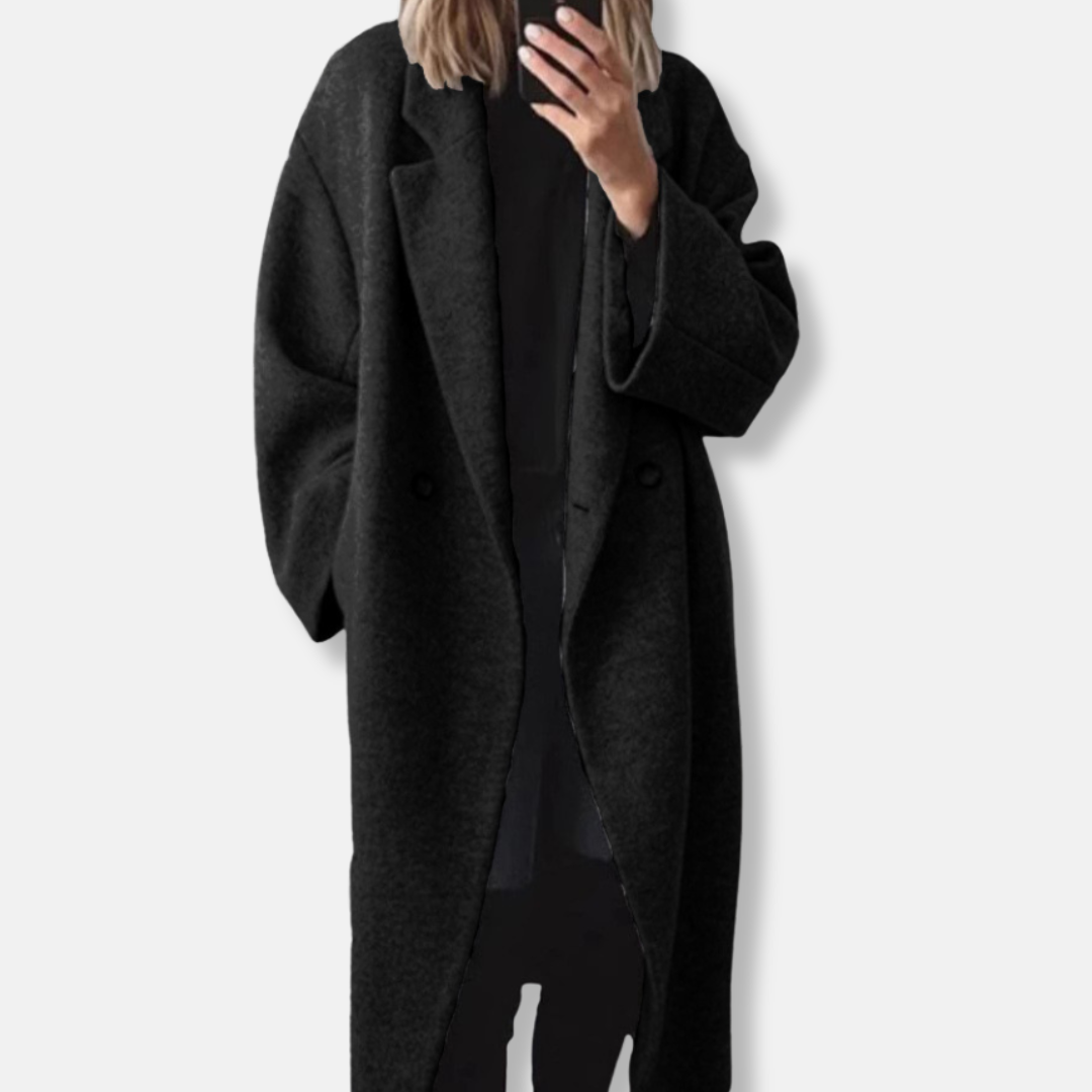 Isla Relaxed Fit Long Coat | Double-Breasted Notch Lapel Coat 3