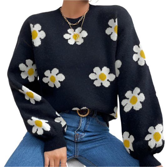 Casual Flower Pattern Crew Sweater - VogeLuxe