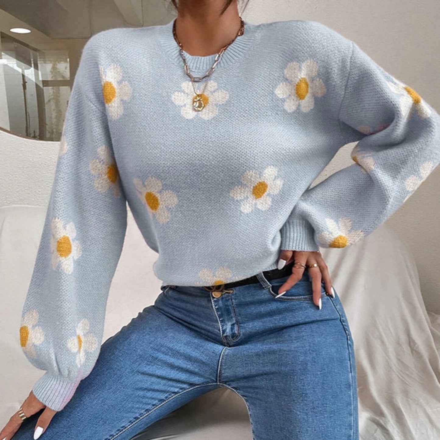 Casual Flower Pattern Crew Sweater